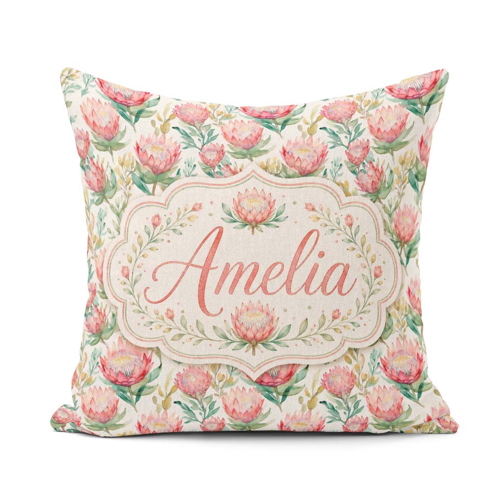 Custom Name Delicate Protea Bouquet Watercolor Seamless Pattern Square Filled Cushion Throw Pillow Sofa Bed Home Decor Zip Washable UK Made