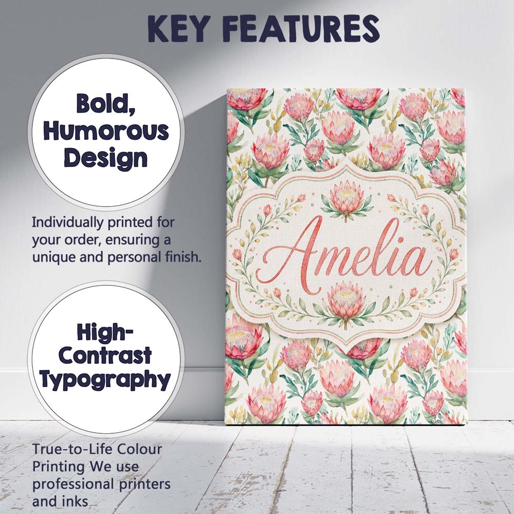 Personalised Name Delicate Protea Floral Custom Unique Gift Idea Elegant Feature Canvas Wall Art Print Decor Picture Ready to Hang