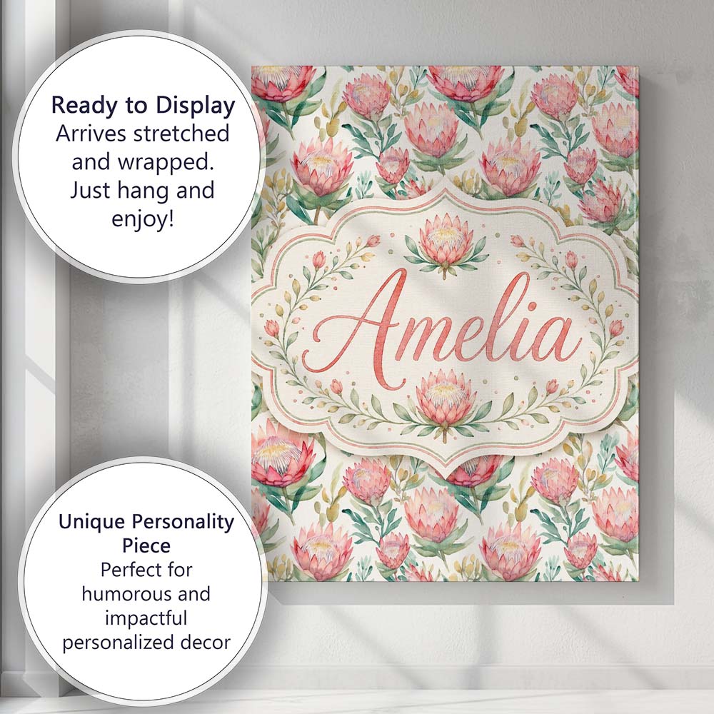 Personalised Name Delicate Protea Floral Custom Unique Gift Idea Elegant Feature Canvas Wall Art Print Decor Picture Ready to Hang