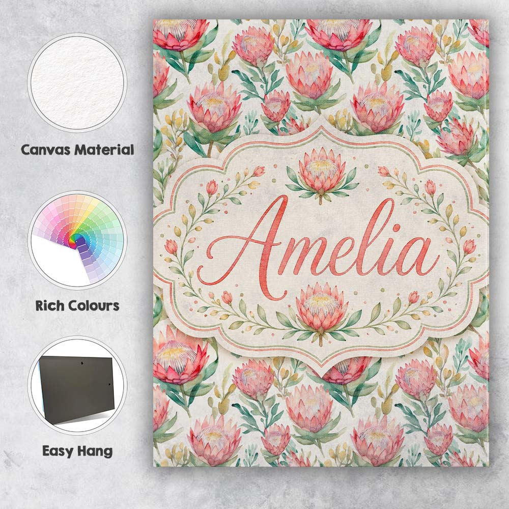 Personalised Name Delicate Protea Floral Custom Unique Gift Idea Elegant Feature Canvas Wall Art Print Decor Picture Ready to Hang