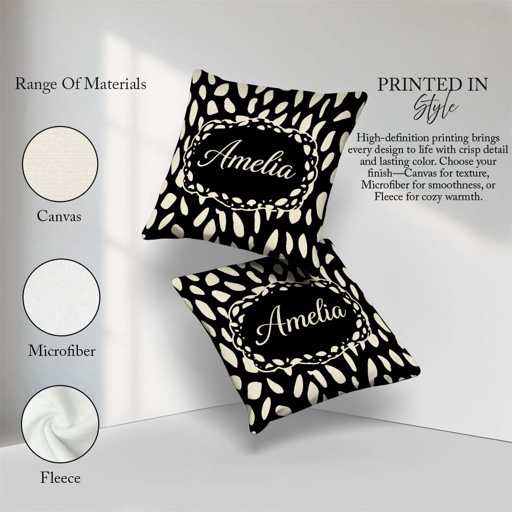 Custom Name Scattered Pebble Spots Black Cream Irregular Pattern Square Filled Cushion Throw Pillow Sofa Bed Home Decor Zip Washable UK Made
