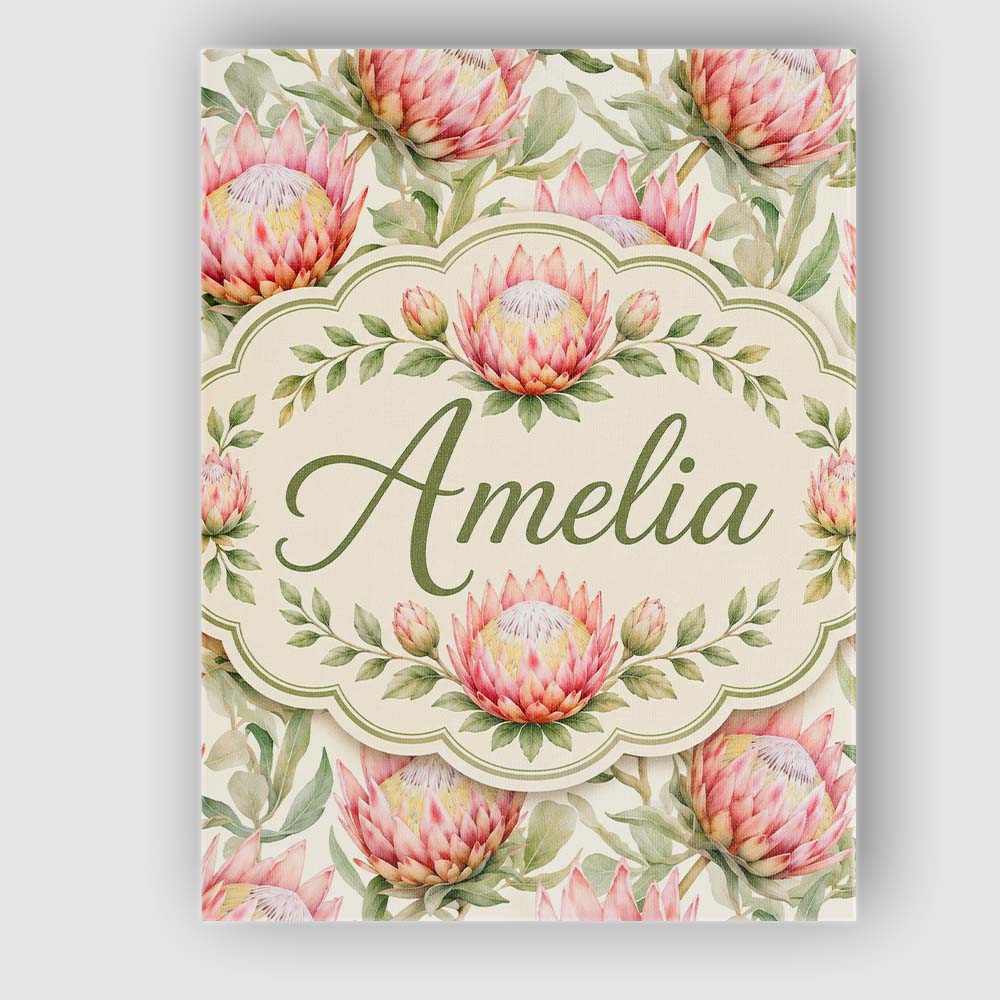 Personalised Name Soft Pink Protea Flowers Custom Unique Gift Idea Elegant Feature Canvas Wall Art Print Decor Picture Ready to Hang