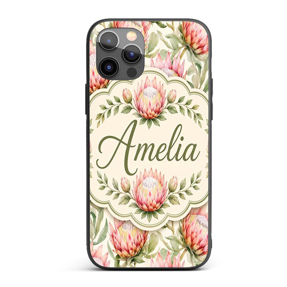 Soft Pink Protea Flowers and Green Printed Design Custom Name Protective Phone Case Mobile Cover Durable Everyday Smartphone Shock Resistant
