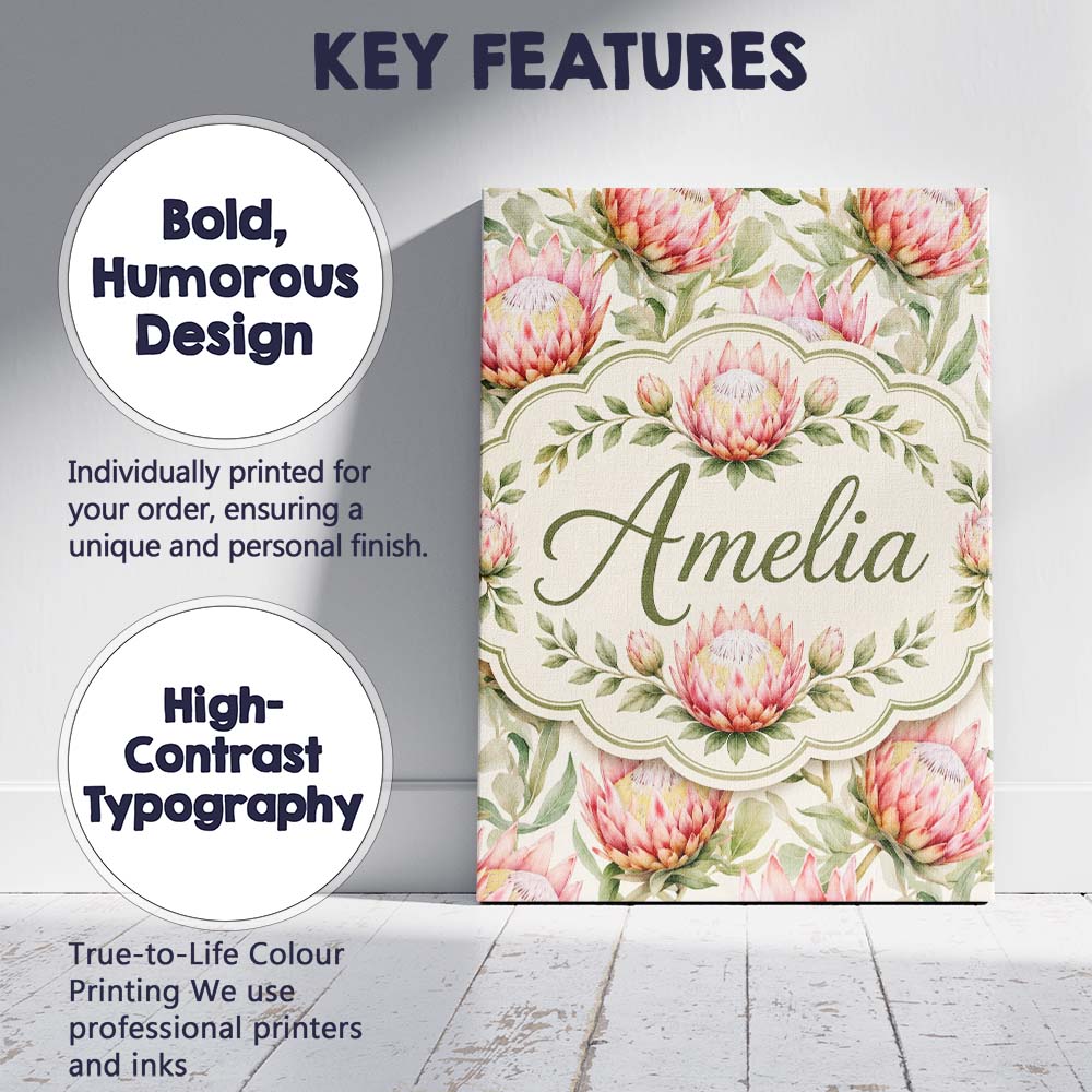 Personalised Name Soft Pink Protea Flowers Custom Unique Gift Idea Elegant Feature Canvas Wall Art Print Decor Picture Ready to Hang
