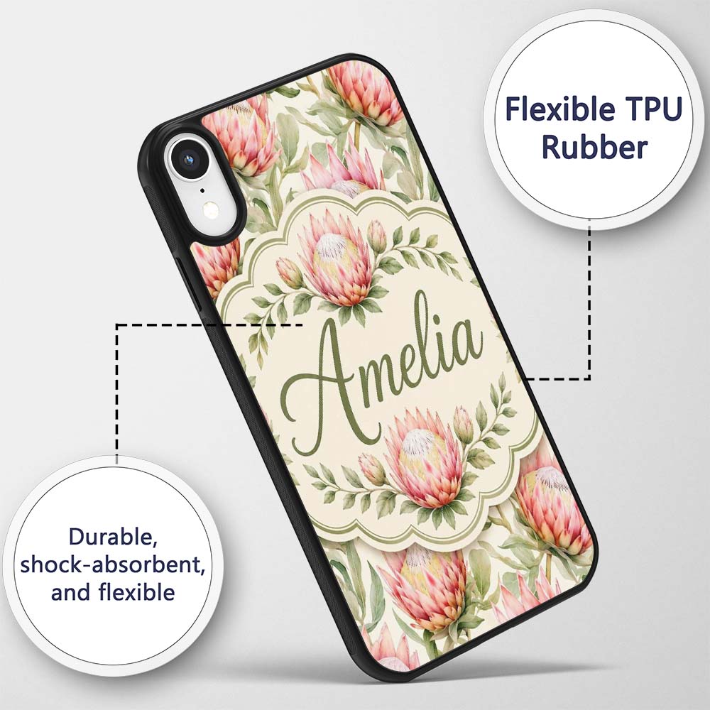 Soft Pink Protea Flowers and Green Printed Design Custom Name Protective Phone Case Mobile Cover Durable Everyday Smartphone Shock Resistant