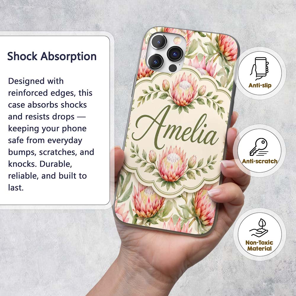 Soft Pink Protea Flowers and Green Printed Design Custom Name Protective Phone Case Mobile Cover Durable Everyday Smartphone Shock Resistant