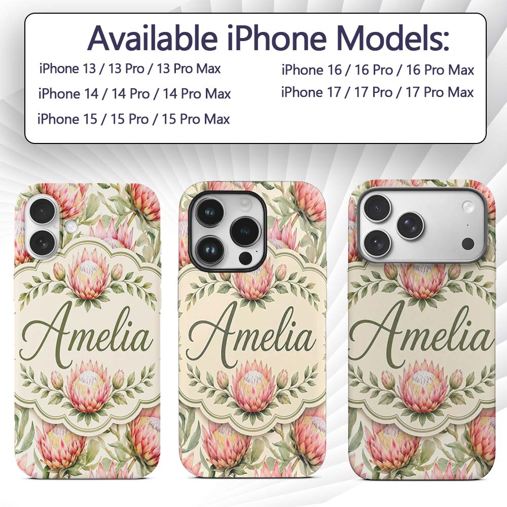 Soft Pink Protea Flowers and Green Printed Design Custom Name Protective Phone Case Mobile Cover Durable Everyday Smartphone Shock Resistant