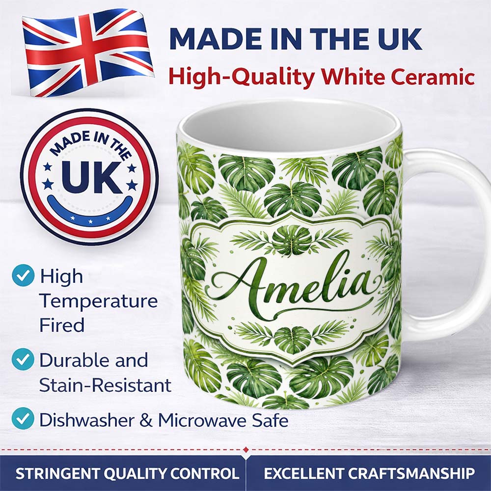 Personalized Custom Name Classic Green Monstera and Palm Leaves Tropical Seamless Pattern 11oz Ceramic Coffee Tea Mug White Large Handle