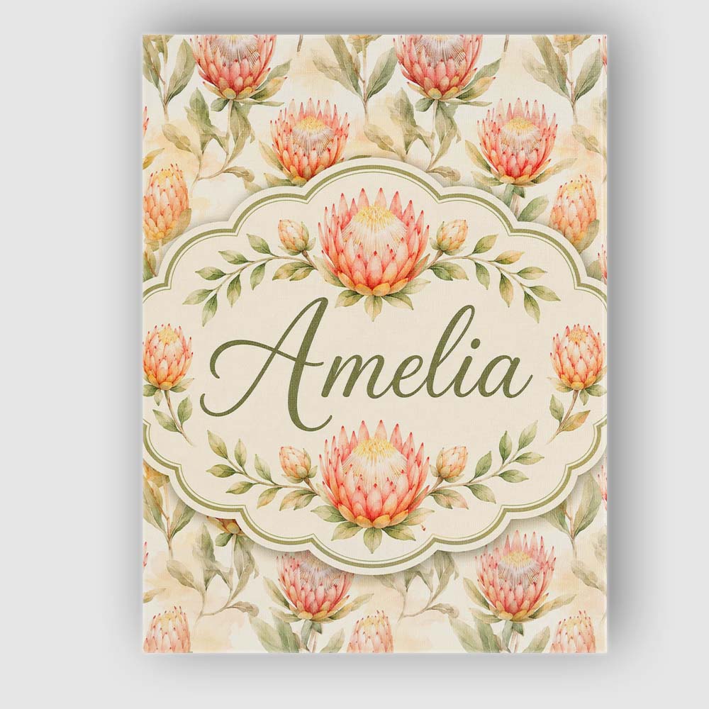 Personalised Name Light Peach Protea Custom Premium Decorative Design Modern Room Accent Canvas Wall Art Print Decor Picture Ready to Hang