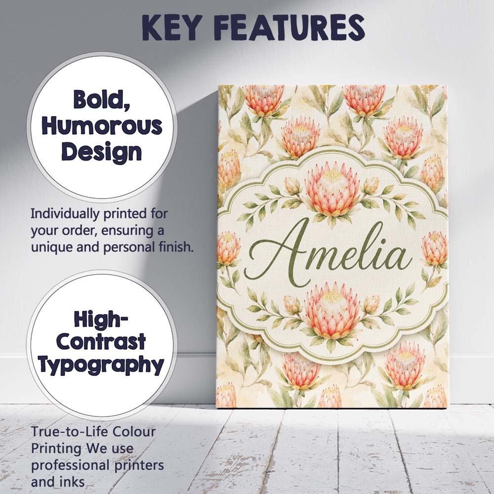 Personalised Name Light Peach Protea Custom Premium Decorative Design Modern Room Accent Canvas Wall Art Print Decor Picture Ready to Hang