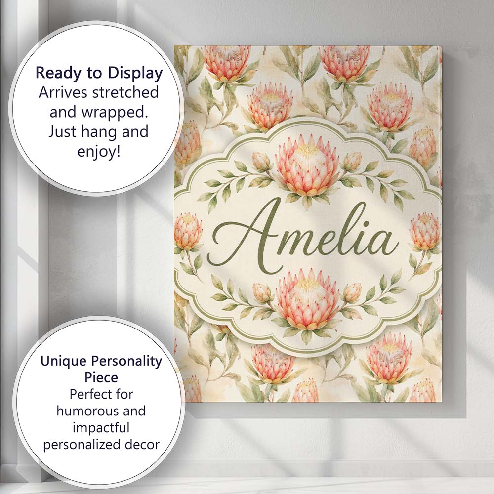 Personalised Name Light Peach Protea Custom Premium Decorative Design Modern Room Accent Canvas Wall Art Print Decor Picture Ready to Hang