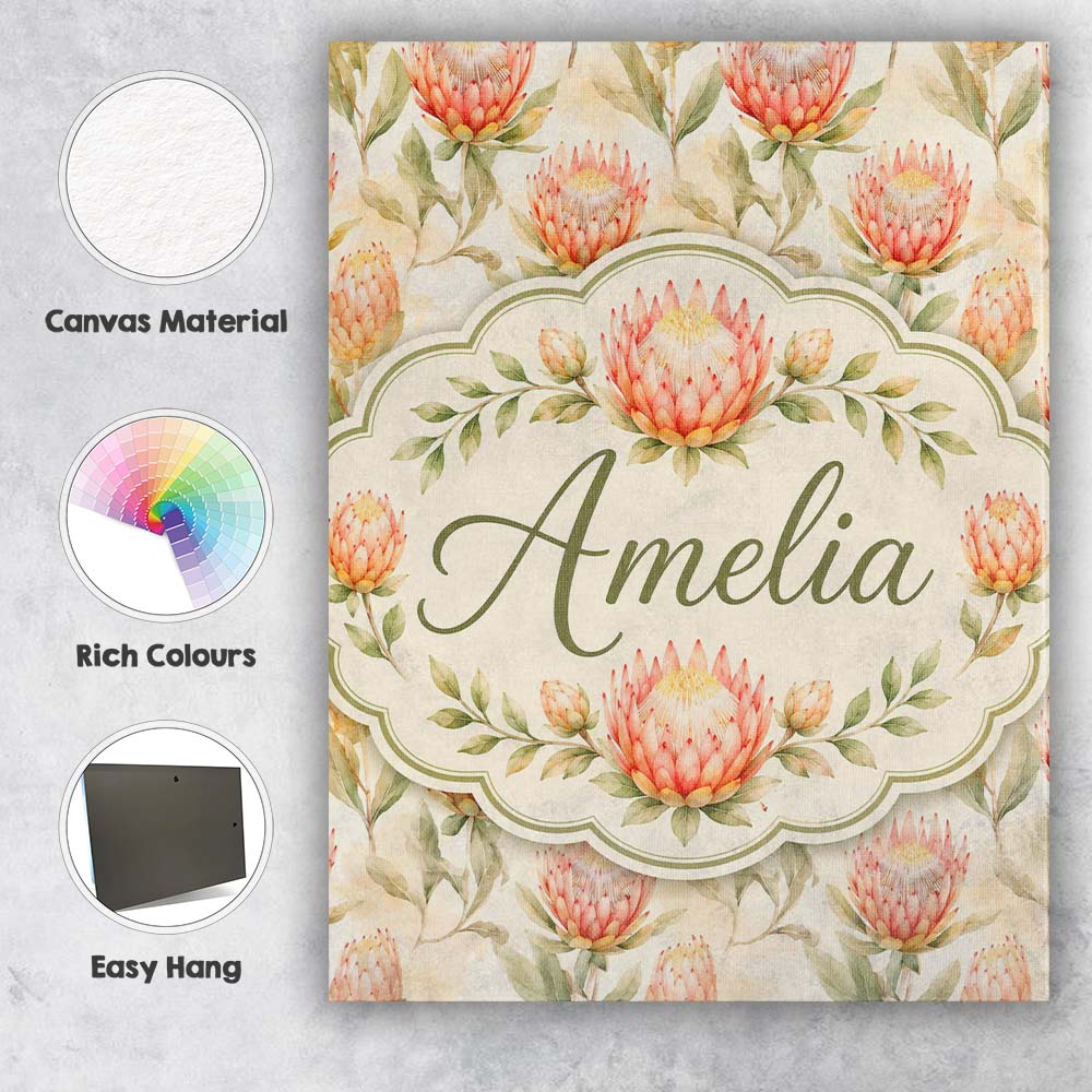 Personalised Name Light Peach Protea Custom Premium Decorative Design Modern Room Accent Canvas Wall Art Print Decor Picture Ready to Hang