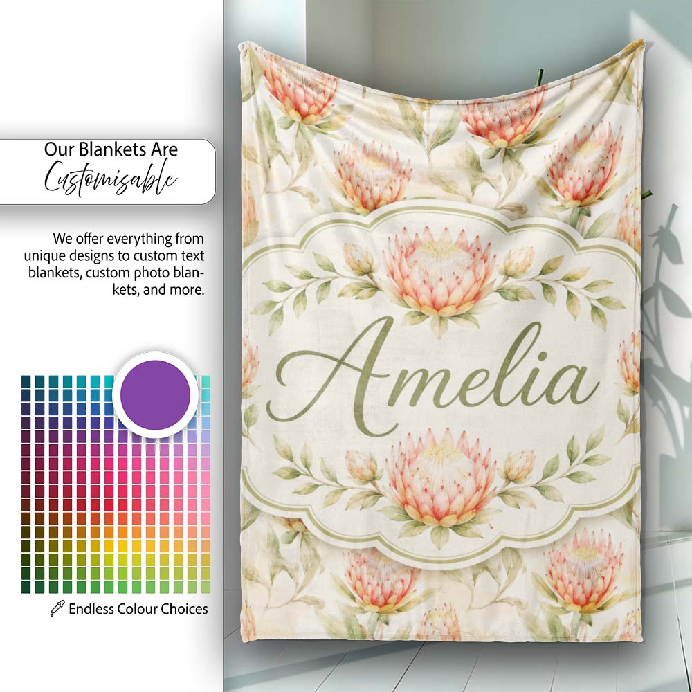 Light Peach Protea Botanical Illustration Seamless Pattern Lovely Personalised Custom Name Super Soft Fleece Blanket Bed Sofa Throw