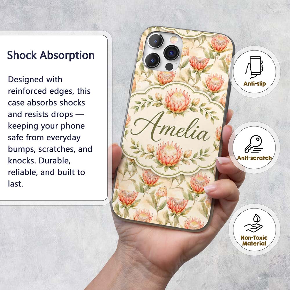 Light Peach Protea Botanical Decorative Design Custom Name Protective Phone Case Mobile Cover Durable Everyday Smartphone Shock Resistant
