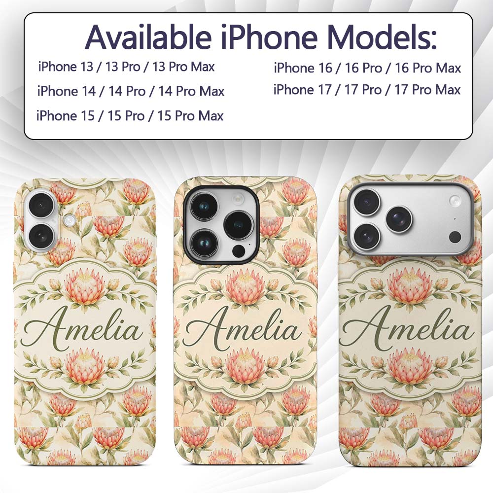 Light Peach Protea Botanical Decorative Design Custom Name Protective Phone Case Mobile Cover Durable Everyday Smartphone Shock Resistant