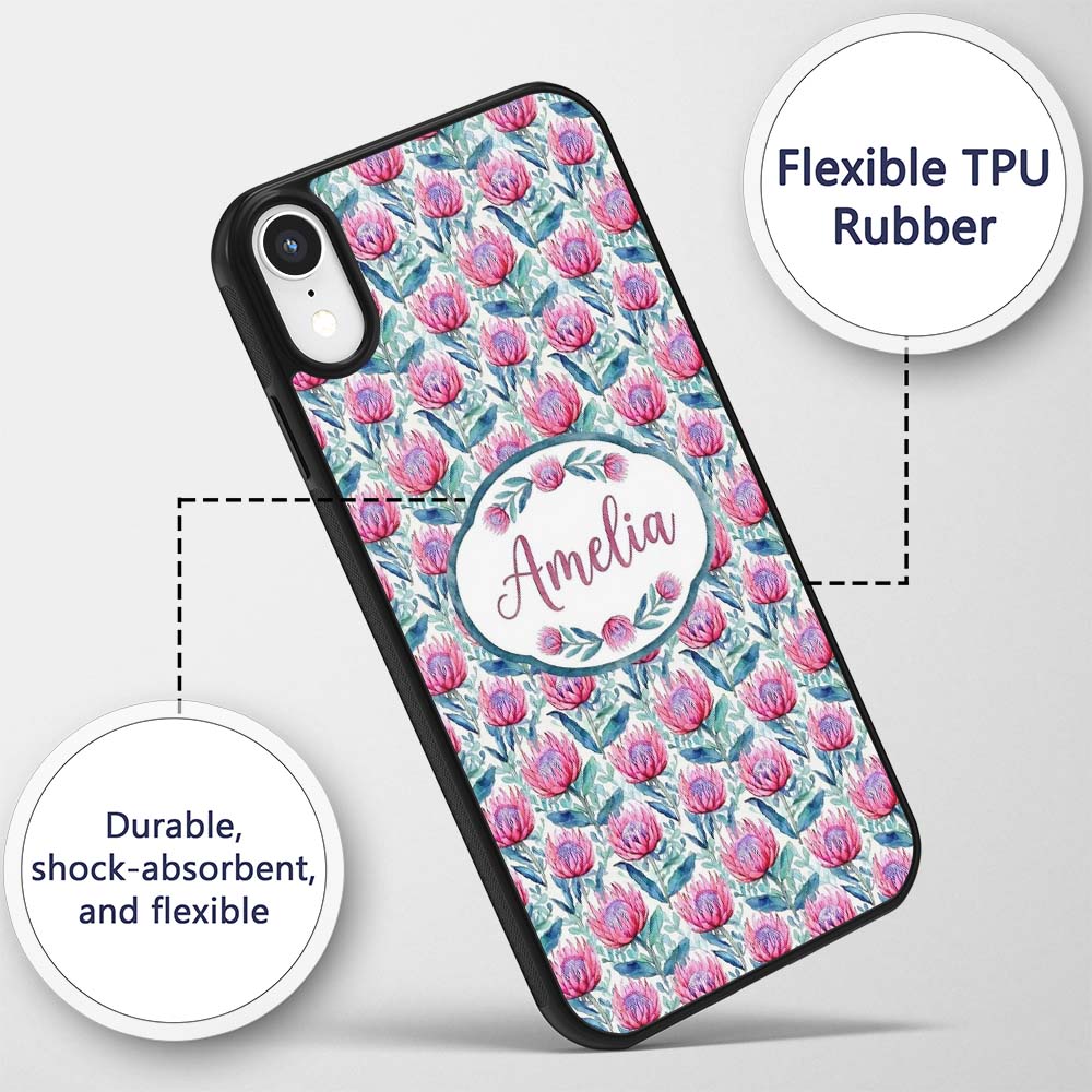 Bright Pink Protea Flowers with Blue Green Leaves Custom Name Protective Phone Case Mobile Cover Durable Everyday Smartphone Shock Resistant