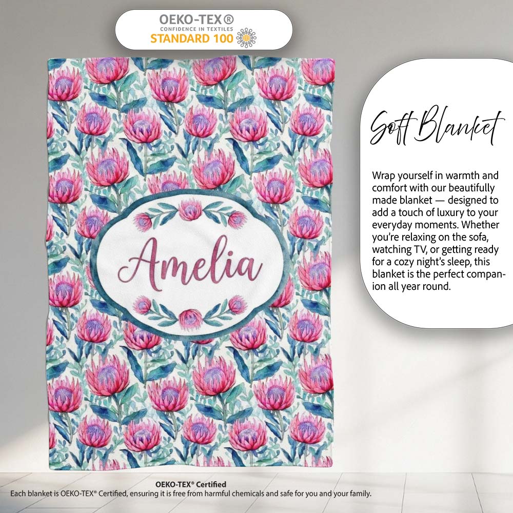 Bright Pink Protea Flowers with Blue Green Leaves Seamless Pattern Personalised Custom Name Super Soft Fleece Blanket Bed Sofa Throw
