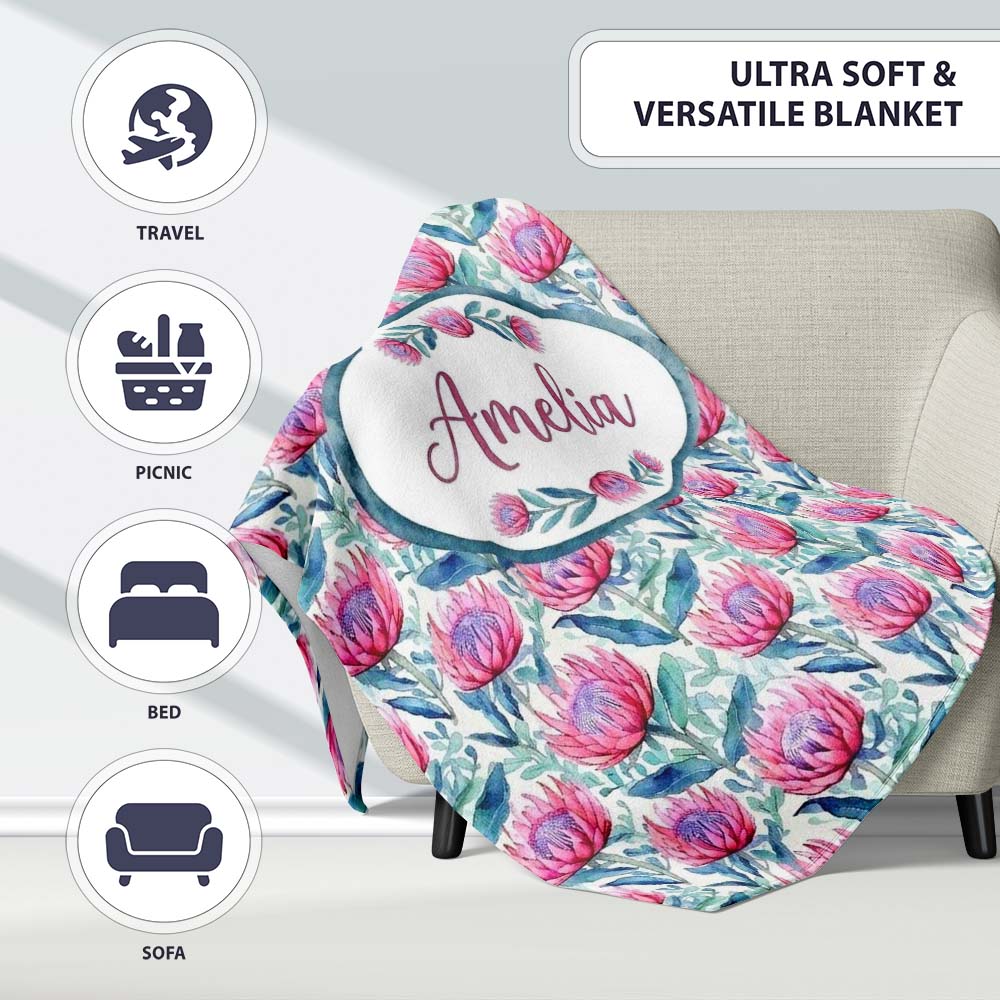 Bright Pink Protea Flowers with Blue Green Leaves Seamless Pattern Personalised Custom Name Super Soft Fleece Blanket Bed Sofa Throw