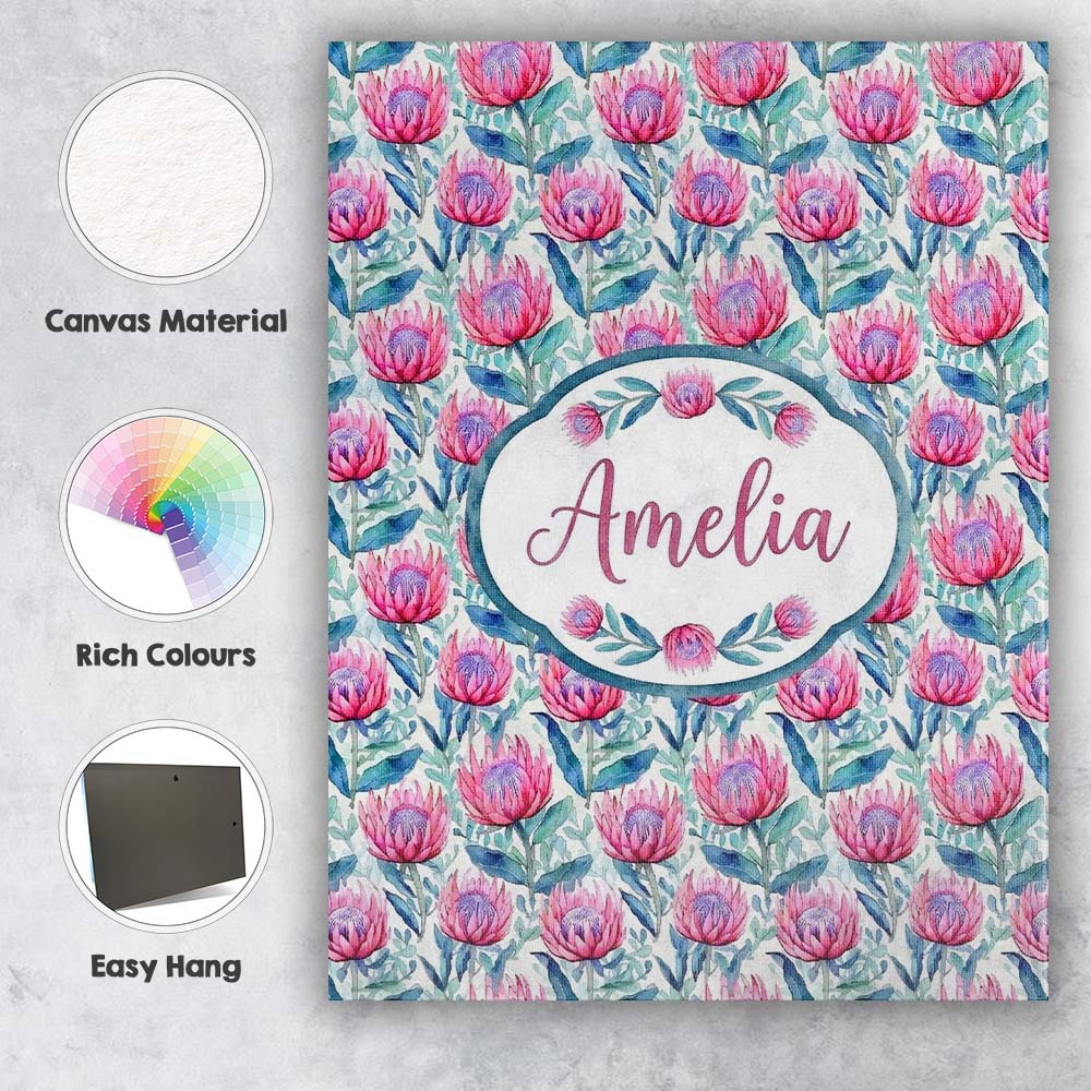 Personalised Name Bright Pink Protea Custom Premium Decorative Design Modern Room Accent Canvas Wall Art Print Decor Picture Ready to Hang