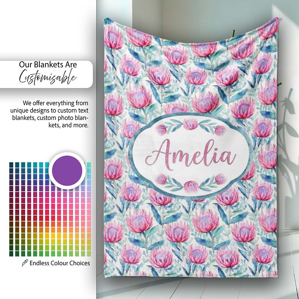 Bright Pink Protea Flowers with Blue Green Leaves Seamless Pattern Personalised Custom Name Super Soft Fleece Blanket Bed Sofa Throw