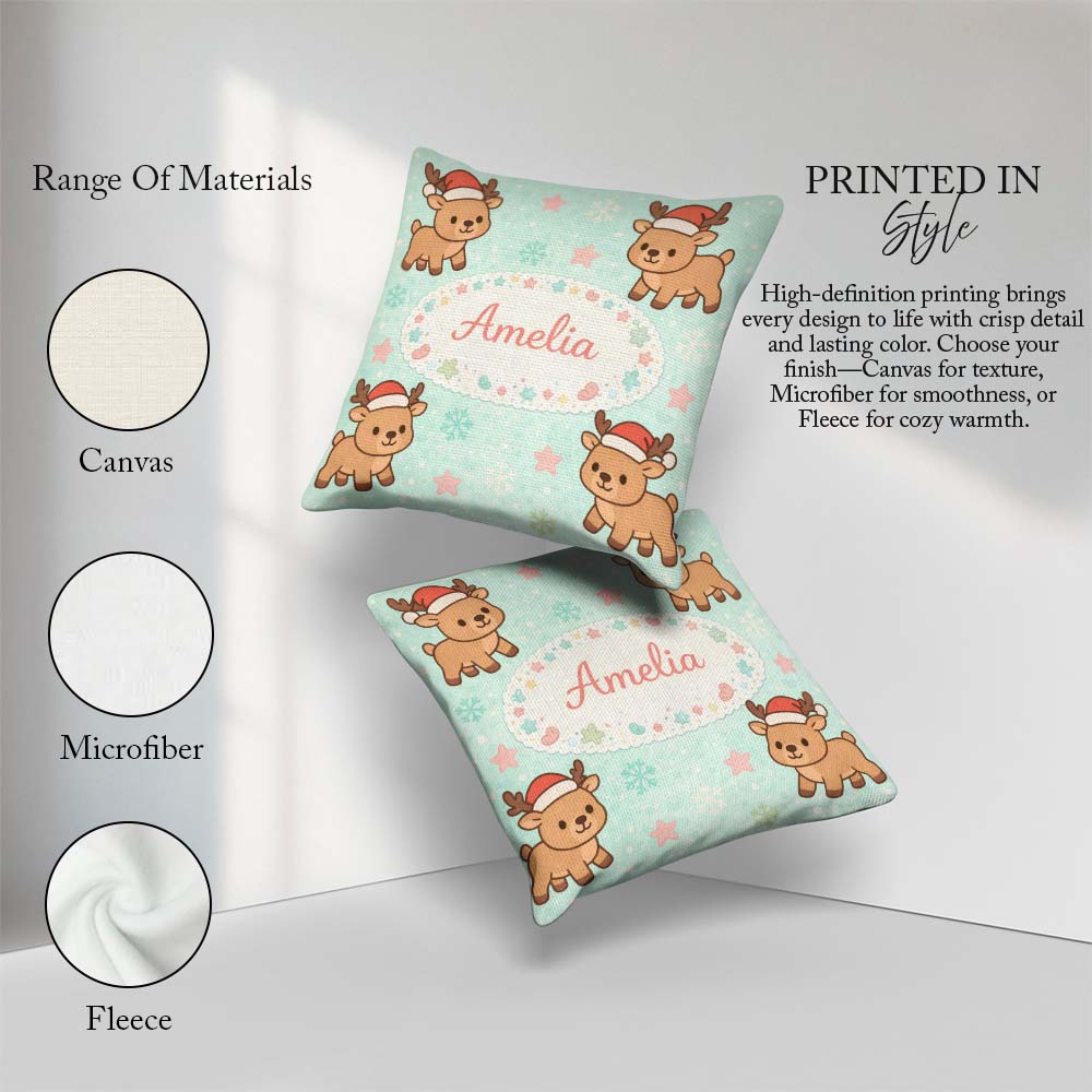 Custom Name Cute Christmas Reindeer Cartoon Animal Pattern for Square Filled Cushion Throw Pillow Sofa Bed Home Decor Zip Washable UK Made