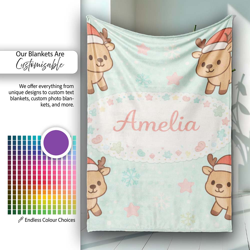 Cute Christmas Reindeer Cartoon Animal Pattern Perfect Gift for Her Personalised Custom Name Super Soft Fleece Blanket Bed Sofa Throw