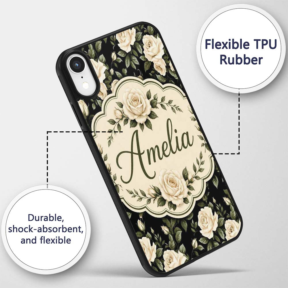 Classic White Rose Floral Pattern Printed Design Custom Name Protective Phone Case Mobile Cover Durable Everyday Smartphone Shock Resistant