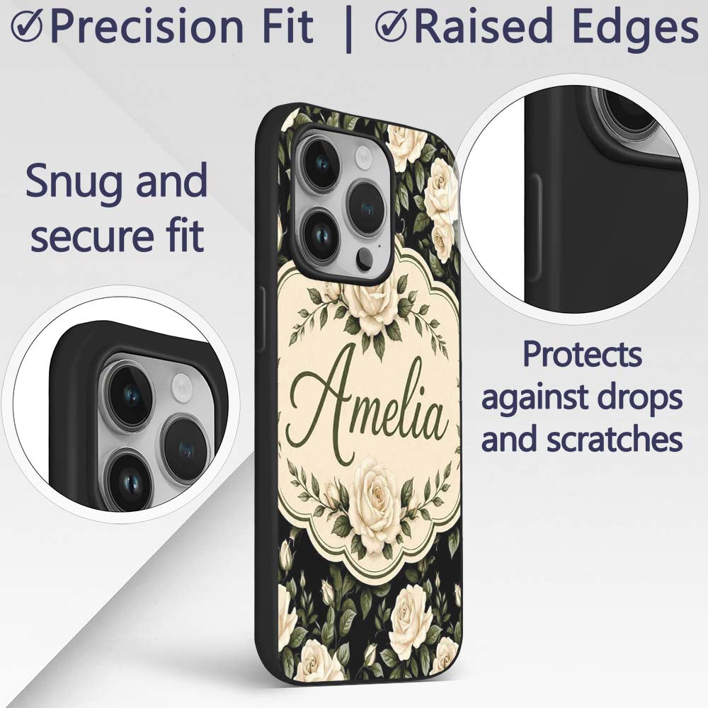 Classic White Rose Floral Pattern Printed Design Custom Name Protective Phone Case Mobile Cover Durable Everyday Smartphone Shock Resistant