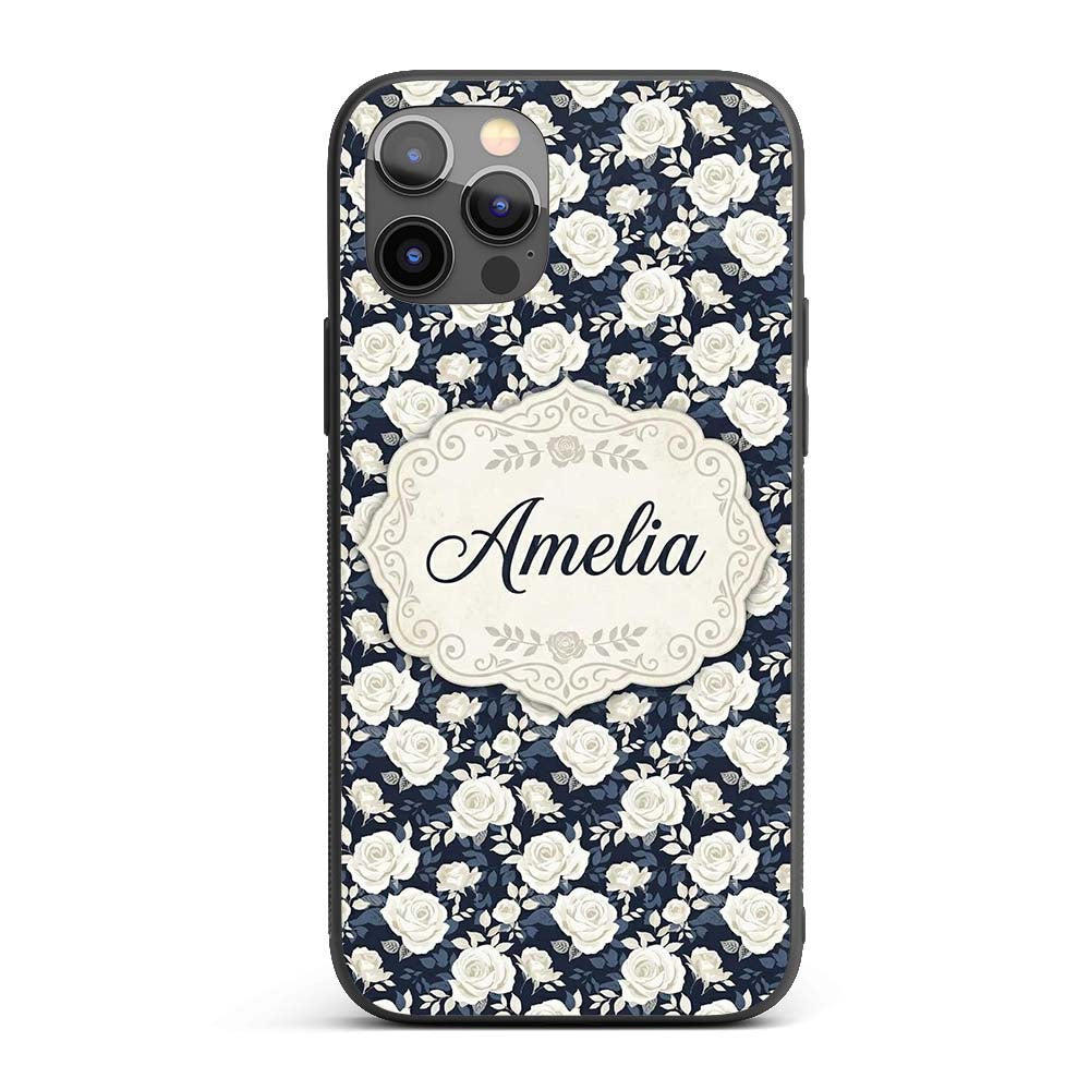 White Rose Floral Pattern on Navy Blue Background Custom Name Protective Phone Case Mobile Cover Durable Everyday Smartphone Shock Resistant