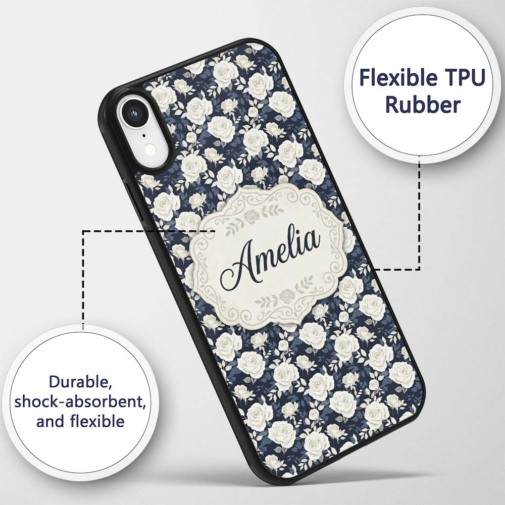 White Rose Floral Pattern on Navy Blue Background Custom Name Protective Phone Case Mobile Cover Durable Everyday Smartphone Shock Resistant