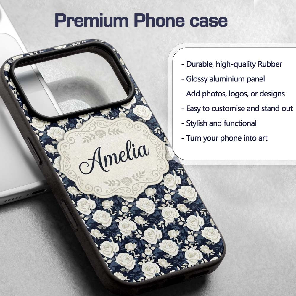 White Rose Floral Pattern on Navy Blue Background Custom Name Protective Phone Case Mobile Cover Durable Everyday Smartphone Shock Resistant