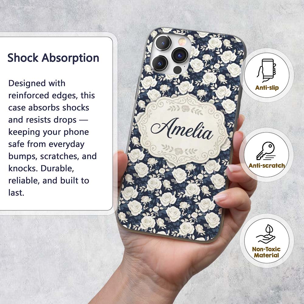 White Rose Floral Pattern on Navy Blue Background Custom Name Protective Phone Case Mobile Cover Durable Everyday Smartphone Shock Resistant