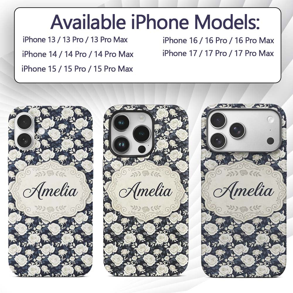 White Rose Floral Pattern on Navy Blue Background Custom Name Protective Phone Case Mobile Cover Durable Everyday Smartphone Shock Resistant