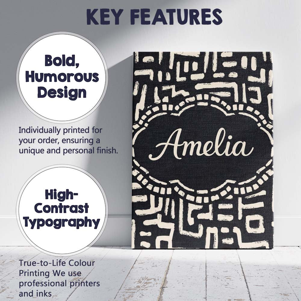 Personalised Name Tribal Maze Lines Black Cream Geometric Abstract Custom Unique Canvas Wall Art Print Decor Picture Ready to Hang