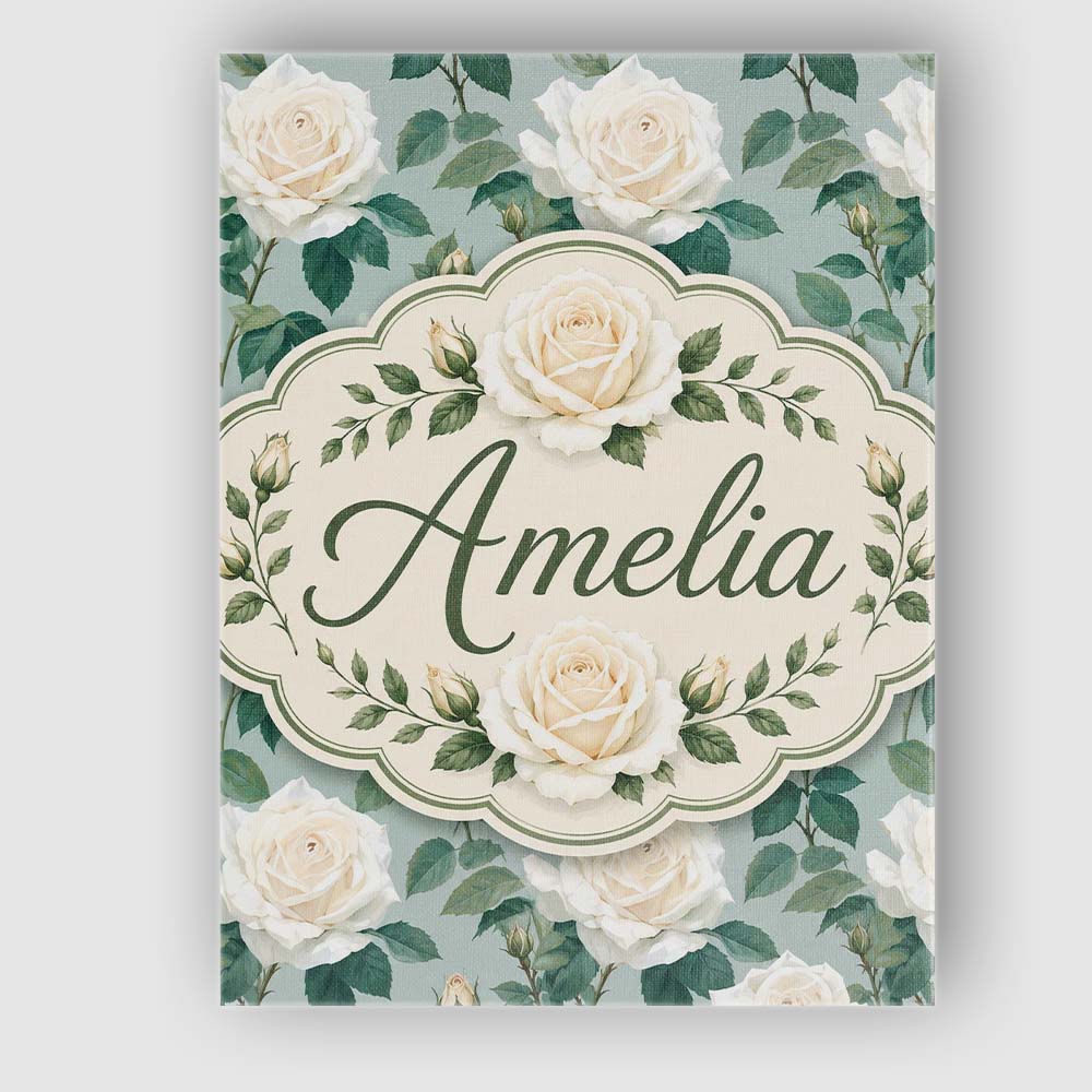Personalised Name White Roses with Green Custom Unique Gift Idea Elegant Feature Canvas Wall Art Print Decor Picture Ready to Hang