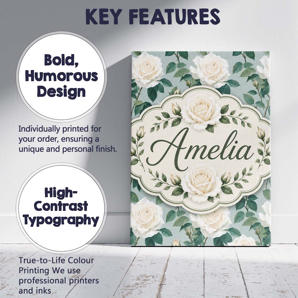 Personalised Name White Roses with Green Custom Unique Gift Idea Elegant Feature Canvas Wall Art Print Decor Picture Ready to Hang