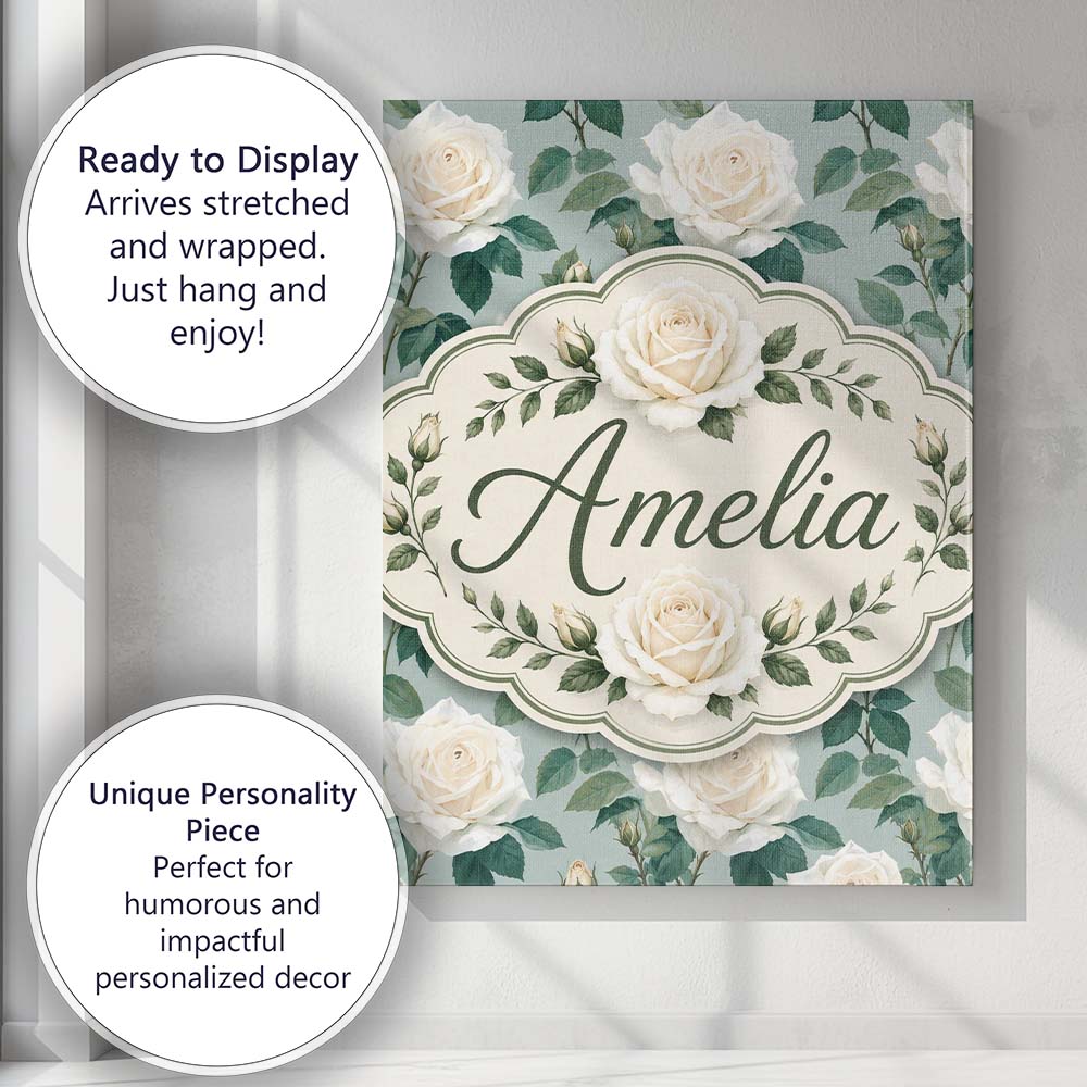 Personalised Name White Roses with Green Custom Unique Gift Idea Elegant Feature Canvas Wall Art Print Decor Picture Ready to Hang