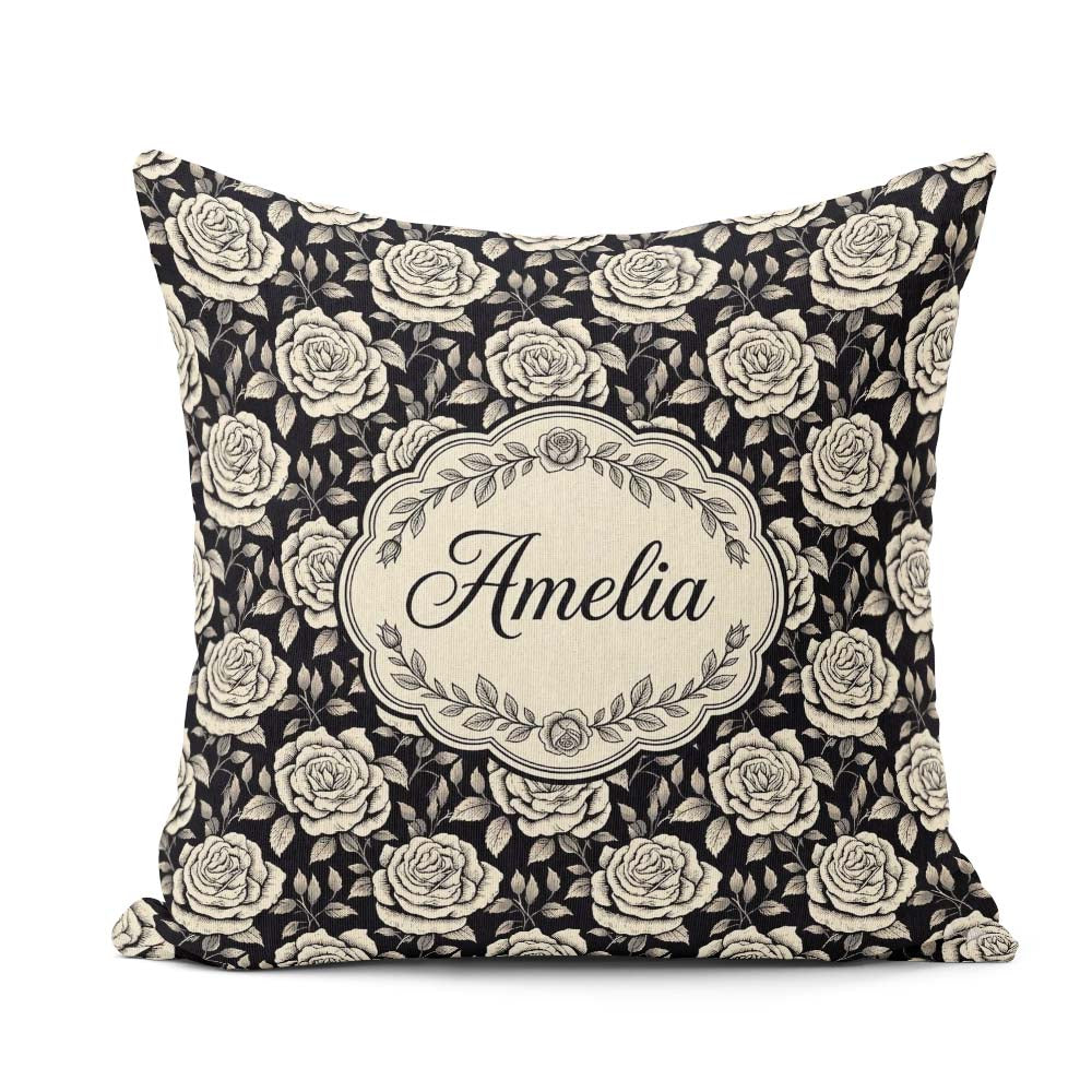 Custom Name Monochrome Rose Floral Pattern on Background Pattern Square Filled Cushion Throw Pillow Sofa Bed Home Decor Zip Washable UK Made