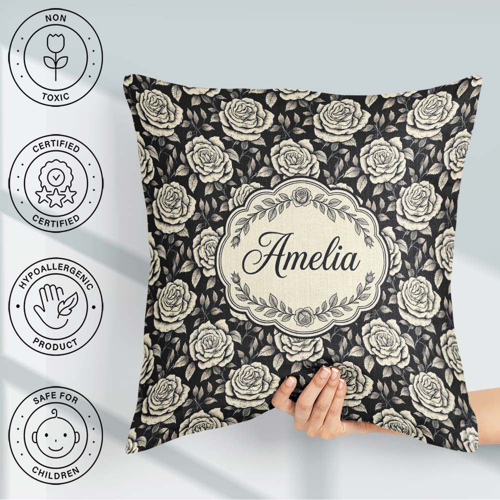 Custom Name Monochrome Rose Floral Pattern on Background Pattern Square Filled Cushion Throw Pillow Sofa Bed Home Decor Zip Washable UK Made
