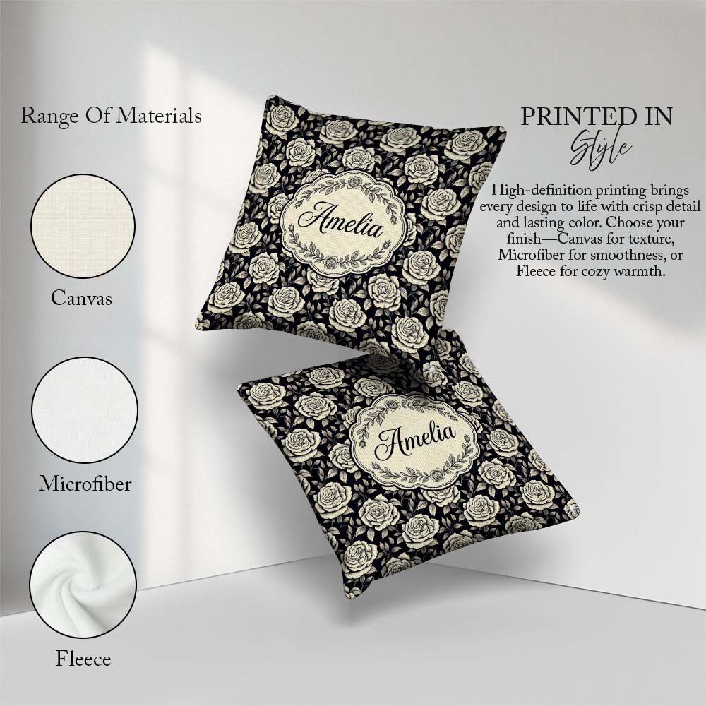 Custom Name Monochrome Rose Floral Pattern on Background Pattern Square Filled Cushion Throw Pillow Sofa Bed Home Decor Zip Washable UK Made