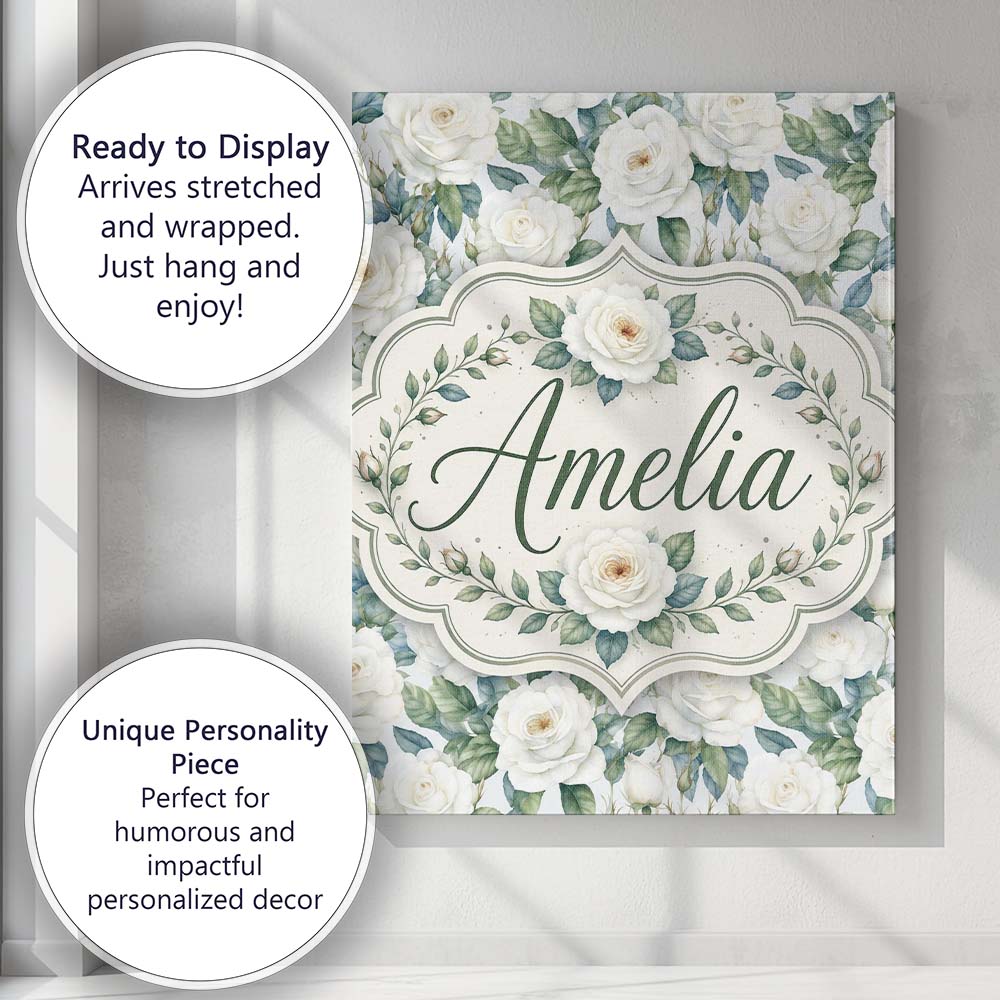 Personalised Name Classic White Rose Custom Premium Decorative Design Modern Room Accent Canvas Wall Art Print Decor Picture Ready to Hang