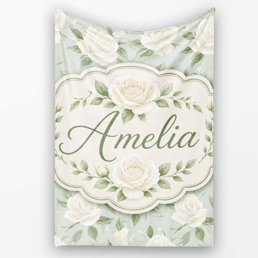 Delicate White Roses on Pale Sage Green Background Seamless Pattern Personalised Custom Name Super Soft Fleece Blanket Bed Sofa Throw