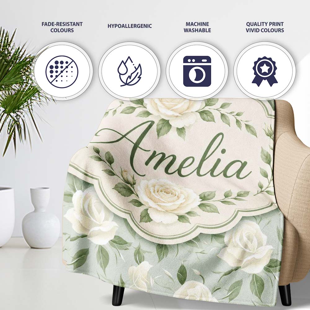 Delicate White Roses on Pale Sage Green Background Seamless Pattern Personalised Custom Name Super Soft Fleece Blanket Bed Sofa Throw