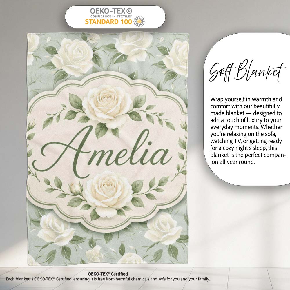 Delicate White Roses on Pale Sage Green Background Seamless Pattern Personalised Custom Name Super Soft Fleece Blanket Bed Sofa Throw