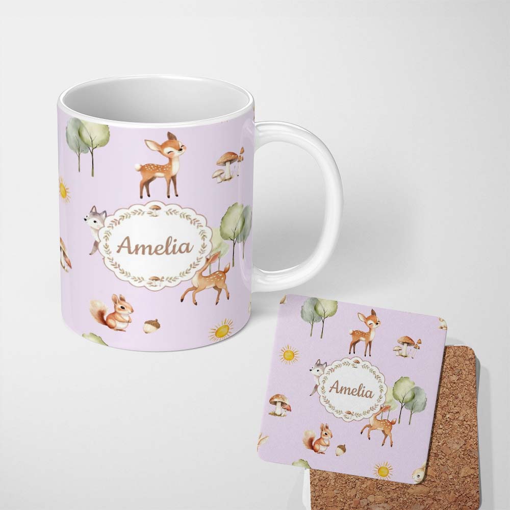 Personalized Custom Name Cute Woodland Deer Fox Mushroom Seamless Pattern on Pastel Lavender 11oz Ceramic Coffee Tea Mug White Large Handle