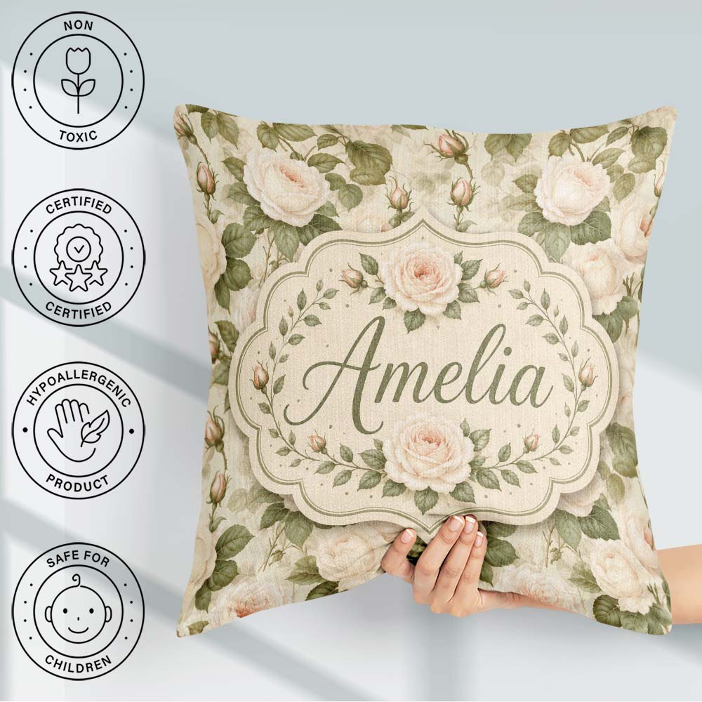 Custom Name Soft Blush Cream Roses with Foliage Seamless Pattern Square Filled Cushion Throw Pillow Sofa Bed Home Decor Zip Washable UK Made