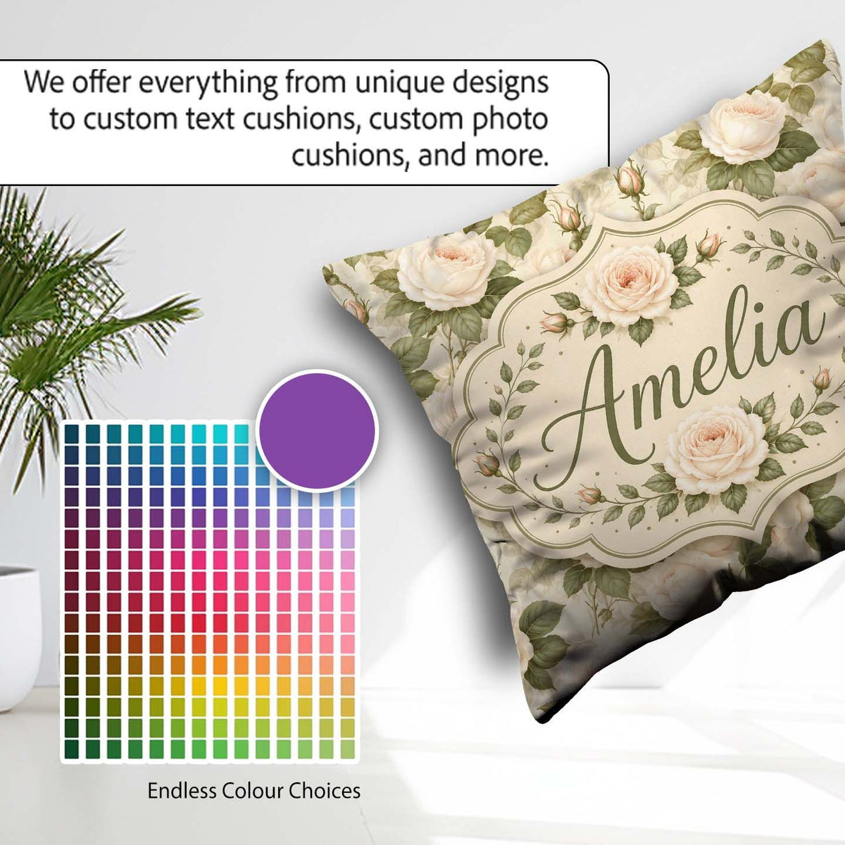 Custom Name Soft Blush Cream Roses with Foliage Seamless Pattern Square Filled Cushion Throw Pillow Sofa Bed Home Decor Zip Washable UK Made