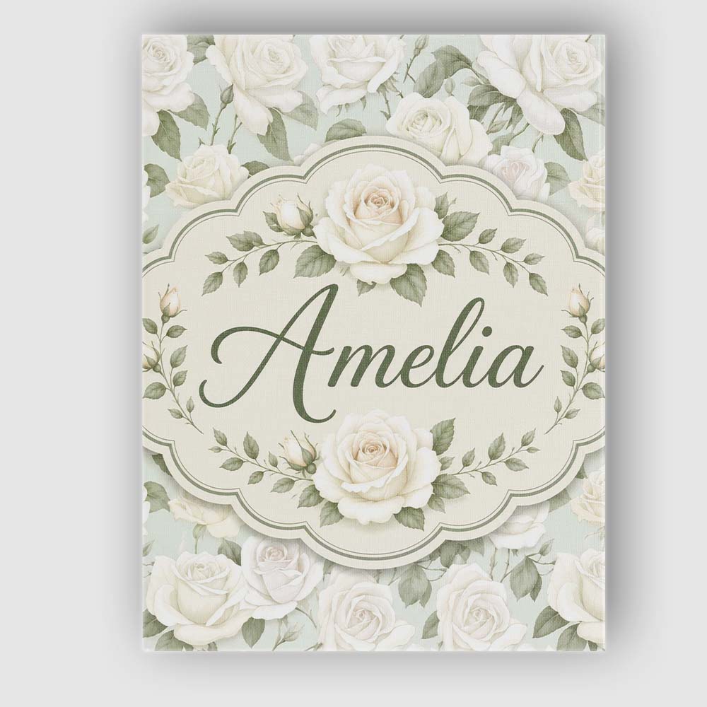 Personalised Name Elegant White Roses Custom Modern Room Accent Creative Decorator Style Canvas Wall Art Print Decor Picture Ready to Hang
