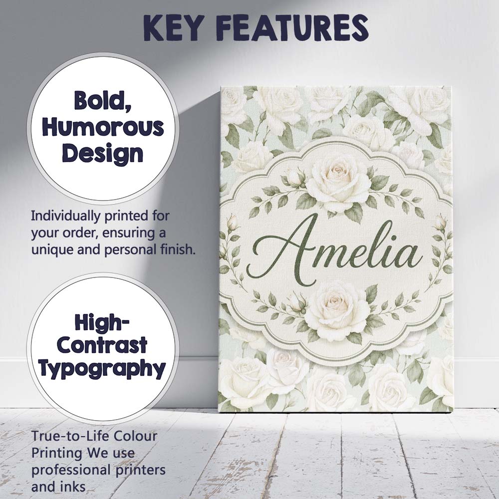 Personalised Name Elegant White Roses Custom Modern Room Accent Creative Decorator Style Canvas Wall Art Print Decor Picture Ready to Hang