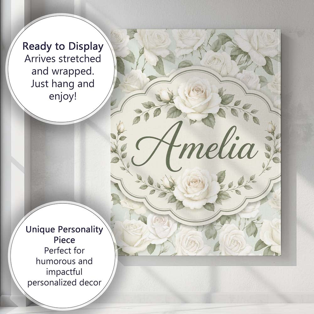 Personalised Name Elegant White Roses Custom Modern Room Accent Creative Decorator Style Canvas Wall Art Print Decor Picture Ready to Hang